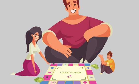 3 personer spiller monopoly men 1 er betydeligt større end de andre